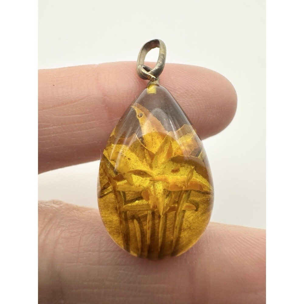 Vintage Amber Reverse Carved Floral Pendant